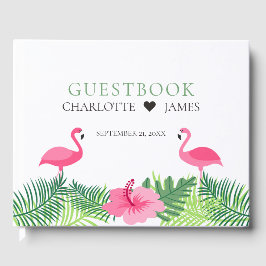 Tropisk Rosa Flamingos Colorful Flowers Bröllop Gästböcker