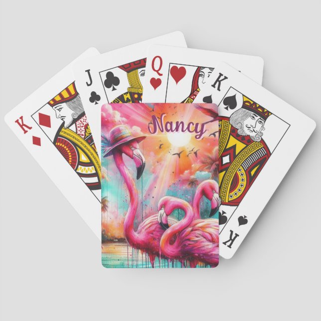 Tropisk Rosa Flamingos Handflatan Träd Personlig Casinokort (Baksidan)