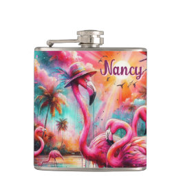 Tropisk Rosa Flamingos Handflatan Träd Personlig Fickplunta