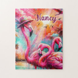 Tropisk Rosa Flamingos Handflatan Träd Personlig Pussel