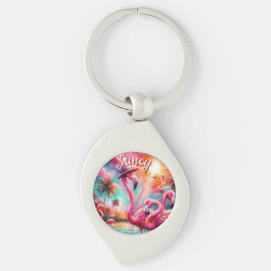 Tropisk Rosa Flamingos Handflatan Träd Personlig Swirl Silverfärgad Nyckelring