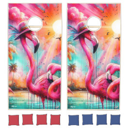 Tropisk Rosa Flamingos Handflatan Träd Sol Vatten 