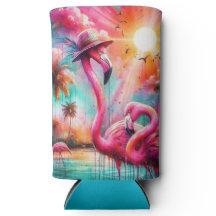 Tropisk Rosa Flamingos Handflatan Träd Sol Vatten 