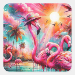 Tropisk Rosa Flamingos Handflatan Träd Sol Vatten Fyrkantigt Klistermärke