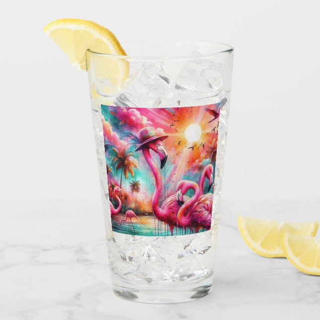 Tropisk Rosa Flamingos Handflatan Träd Sol Vatten  Glaskopp (Framsida Ice)