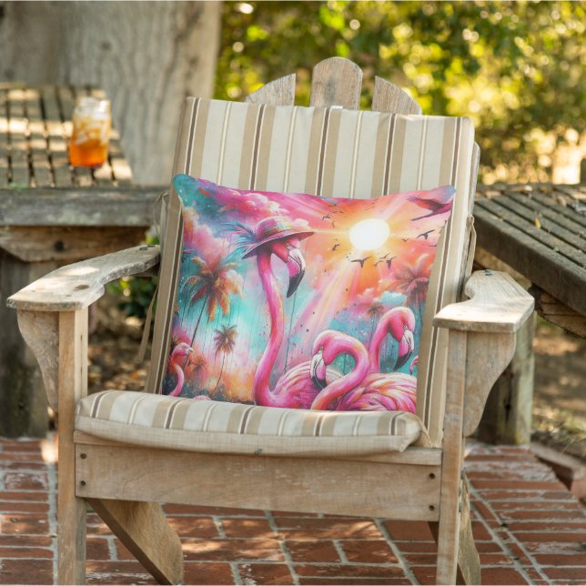 Tropisk Rosa Flamingos Handflatan Träd Sol Vatten  Kudde (Stol)