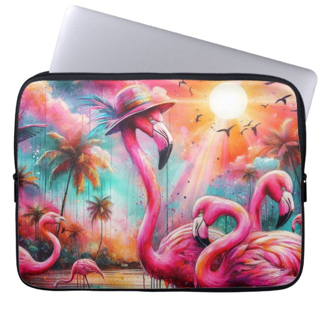 Tropisk Rosa Flamingos Handflatan Träd Sol Vatten  Laptop Fodral (Framsidan)