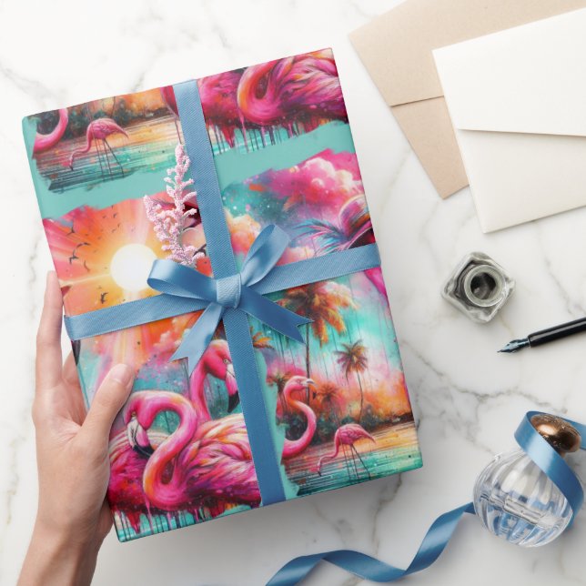 Tropisk Rosa Flamingos Handflatan Träd Sol Vatten  Presentpapper (Gifting)