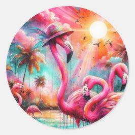 Tropisk Rosa Flamingos Handflatan Träd Sol Vatten Runt Klistermärke