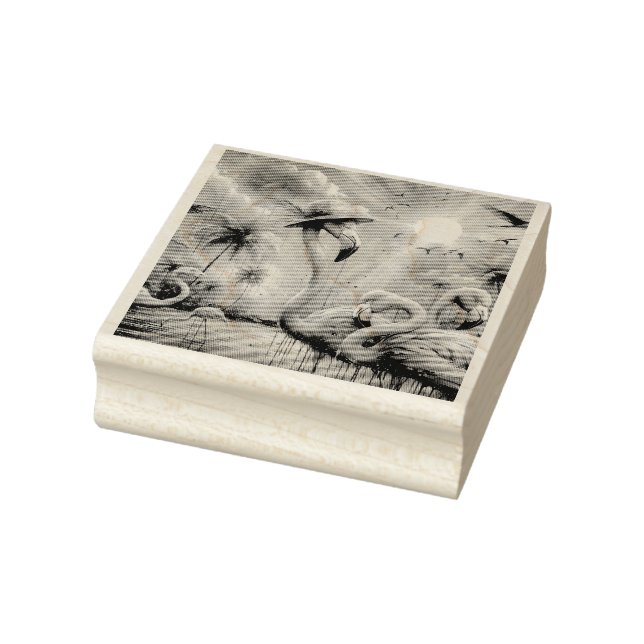 Tropisk Rosa Flamingos Handflatan Träd Sol Vatten  Stämpel (Stämpel)