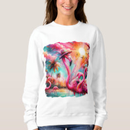Tropisk Rosa Flamingos Handflatan Träd Sol Vatten T Shirt