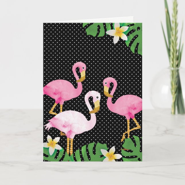 Tropisk Rosa Flamingos på Polka dots Kort (Framsida)