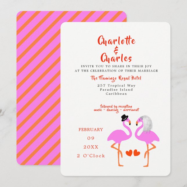 Tropisk Rosa Flamingos Roligt Modern bröllopsinbju Inbjudningar (Fram/baksida)