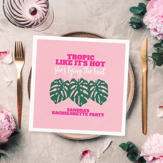 Tropisk Rosa Glitter Monstera Möhippa Pappersservett (Tropical Pink Glitter Monstera Bachelorette Party Napkins)