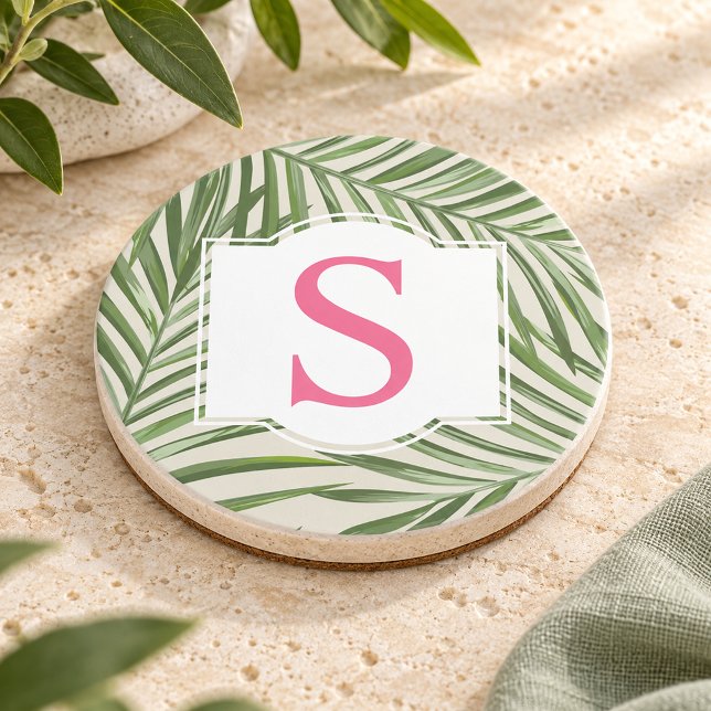 Tropisk Rosa Grön Palmblad Monogram Initial Underlägg (Skapare uppladdad)