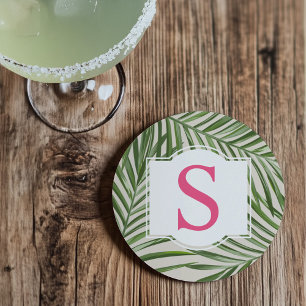 Tropisk Rosa Grön Palmblad Monogram Initial Underlägg