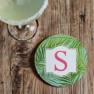 Tropisk Rosa Grön Palmblad Monogram Initial Underlägg