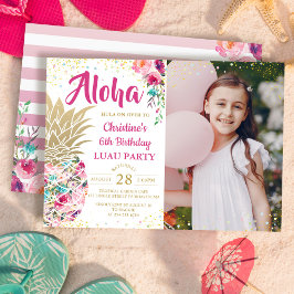 Tropisk Rosa Guld Pineapple Luau Birthday Photo Inbjudningar