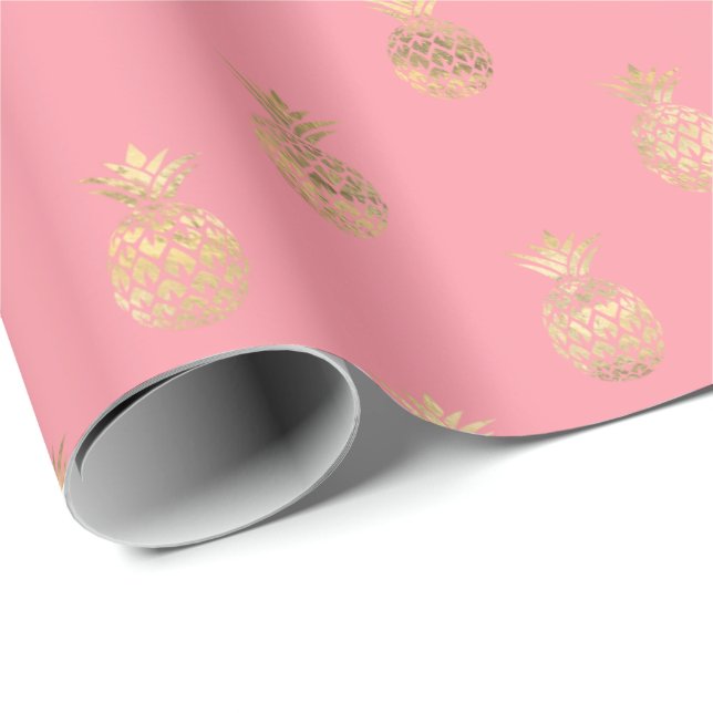 Tropisk Rosa Guld Pineapple Mönster Presentpapper (Rullad Hörn)