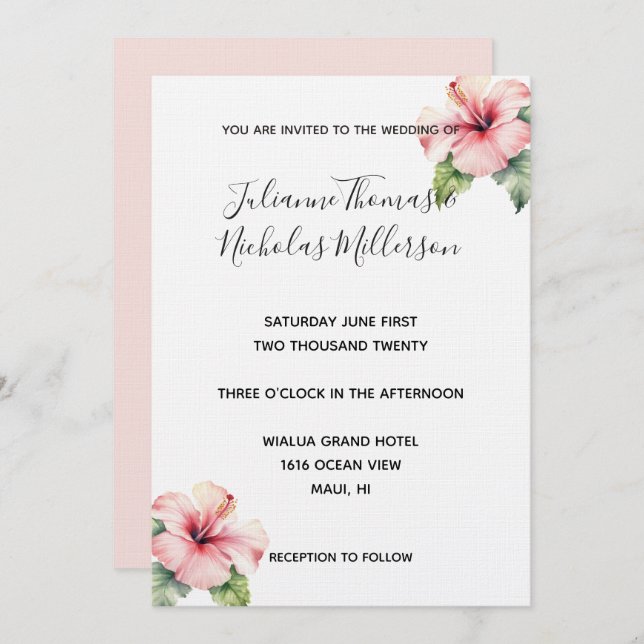 Tropisk Rosa Hibiscus Blommigt Bröllop Inbjudningar (Fram/baksida)