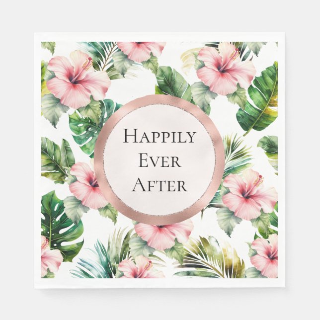 Tropisk Rosa Hibiscus Blommigt Bröllop Pappersservett (Framsidan)