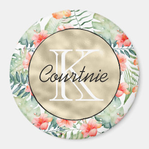 Tropisk Rosa Hibiscus Blommigt Guld Monogram Magnet