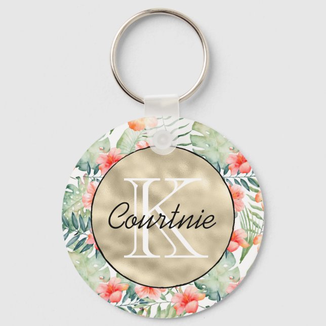 Tropisk Rosa Hibiscus Blommigt Guld Monogram Nyckelring (Framsida)