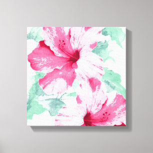 Tropisk Rosa Hibiscus Blommigt Pinks & Mint Grönt Canvastryck