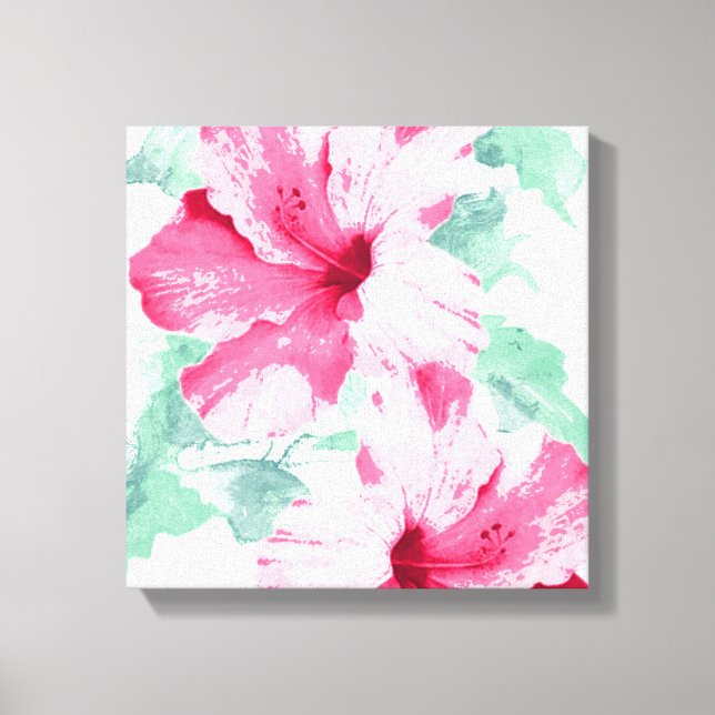 Tropisk Rosa Hibiscus Blommigt Pinks & Mint Grönt Canvastryck (Framsida)