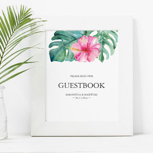Tropisk Rosa Hibiscus Flower Bröllop Guestbook Poster