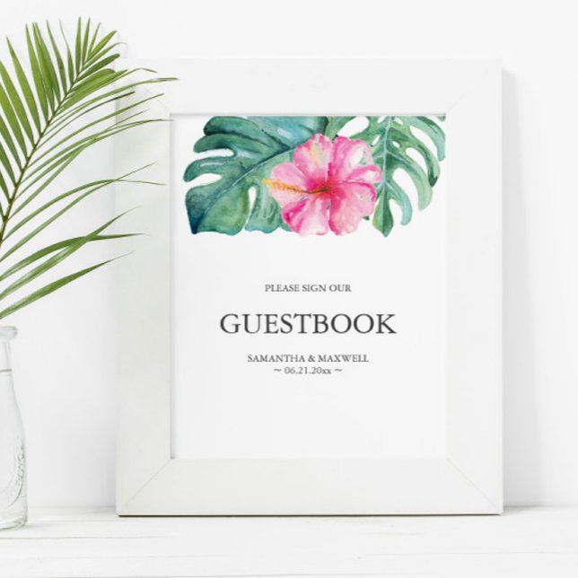 Tropisk Rosa Hibiscus Flower Bröllop Guestbook Poster (Wedding guest book sign features watercolor pink hibiscus flower and monstera palm leaves )
