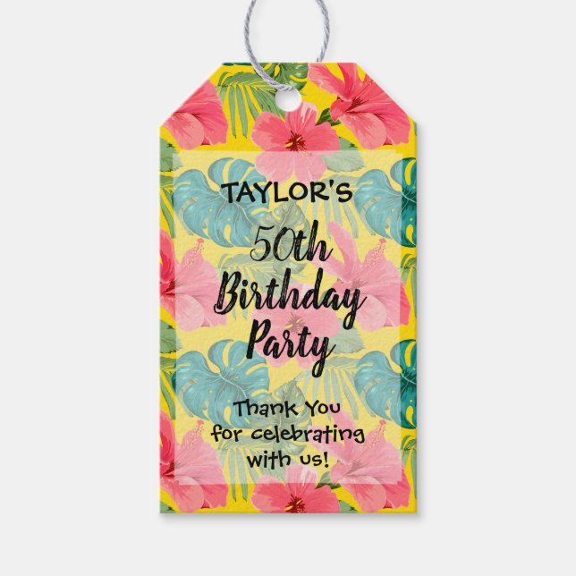 Tropisk Rosa Hibiscus Födelsedagsfest Tack Presentetikett (Framsidan)