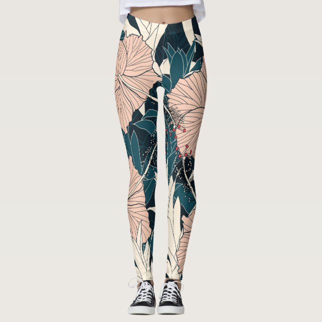 Tropisk rosa hibiscus, mörkens bakgrund leggings (Framsida)