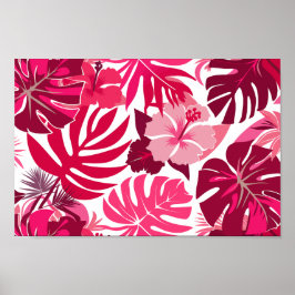 Tropisk Rosa Hibiscus och Monstera Löv Mönster Poster
