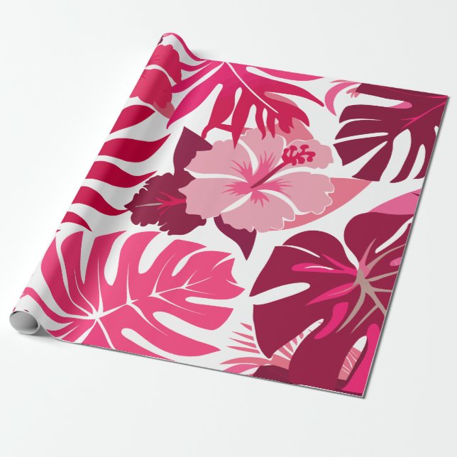 Tropisk Rosa Hibiscus och Monstera Löv Mönster Presentpapper (Utrullad)