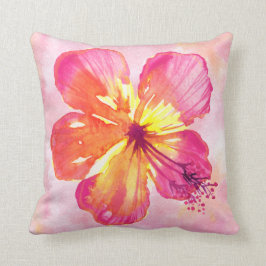 Tropisk Rosa Hibiscus på Abstrakt Vattenfärg Kudde