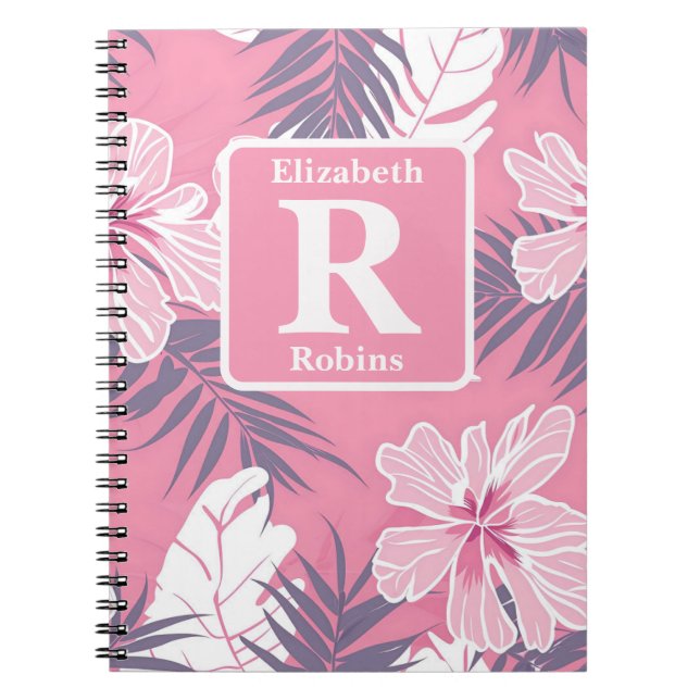 Tropisk rosa hibiscus personlig Monogram Anteckningsbok (Framsidan)