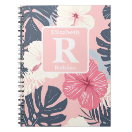 Tropisk rosa hibiscus personlig Monogram Anteckningsbok