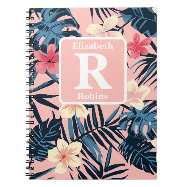 Tropisk rosa hibiscus personlig Monogram Anteckningsbok (Framsidan)