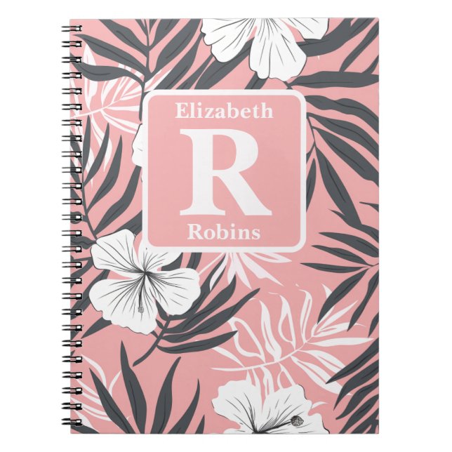 Tropisk rosa hibiscus personlig Monogram Anteckningsbok (Framsidan)