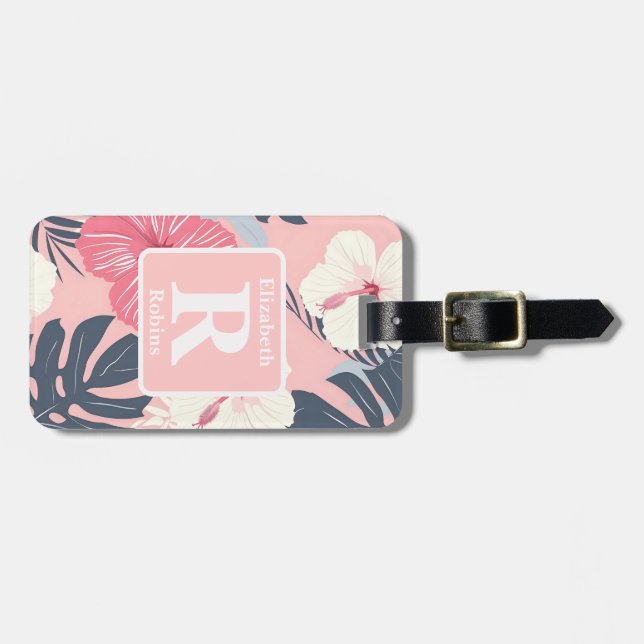 Tropisk rosa hibiscus personlig Monogram Bagagebricka (Horisontell Framsida)