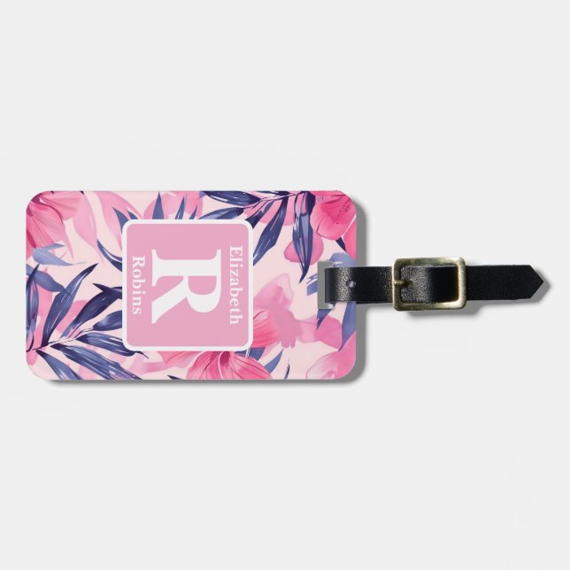 Tropisk rosa hibiscus personlig Monogram Bagagebricka (Horisontell Framsida)