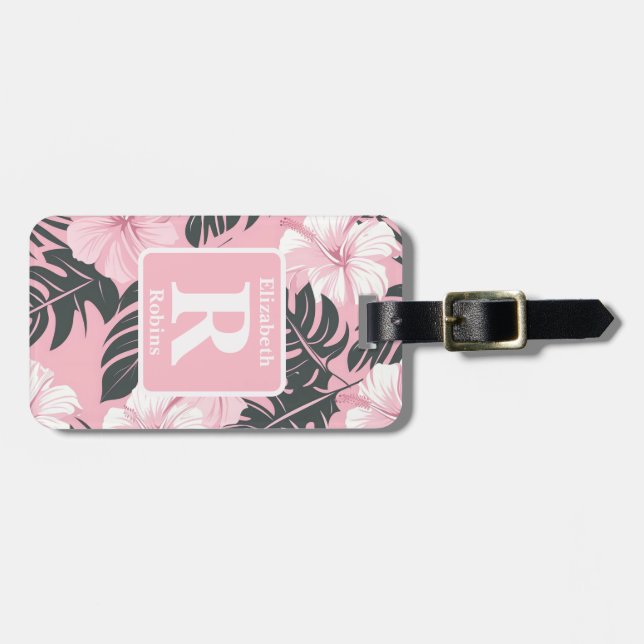 Tropisk rosa hibiscus personlig Monogram Bagagebricka (Horisontell Framsida)