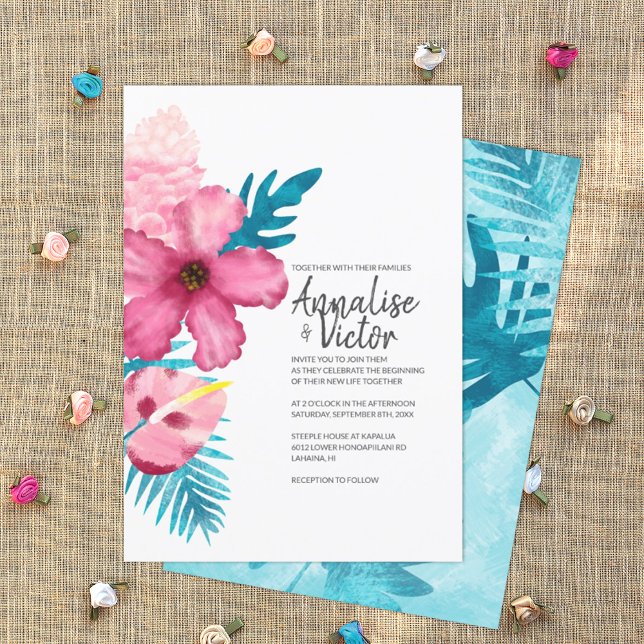 Tropisk Rosa Hibiscus Turquise Ferns Bröllop Inbjudningar (turquoise and pink tropical wedding invitation card, pink hibiscus, Hawaiian flowers theme)