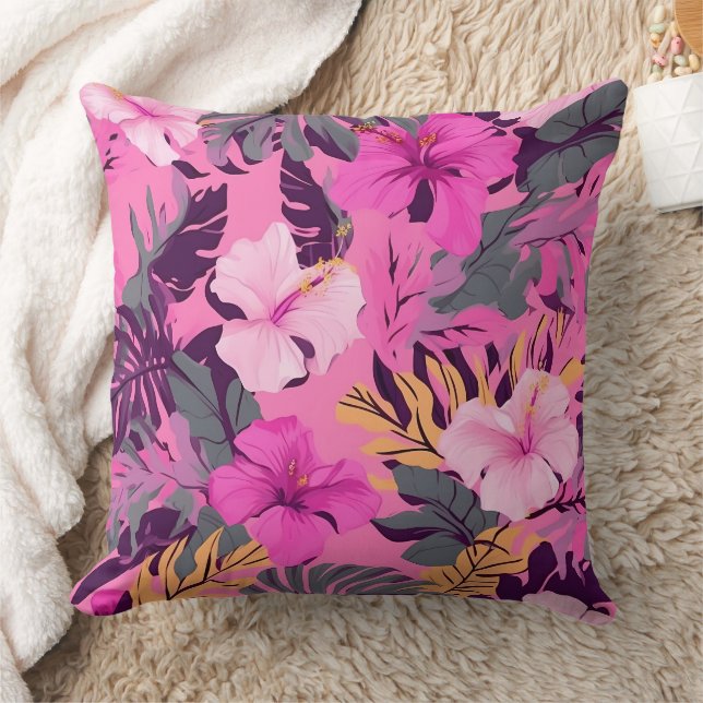 Tropisk Rosa Hibiscus - Utformning av läder och Bl Kudde (Filt)