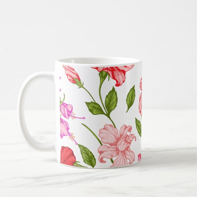 Tropisk Rosa Hibiskus Botanisk Konst Kaffemugg (Vänster)