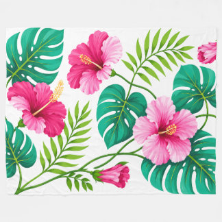 Tropisk rosa hibiskus och Monstera blad Fleecefilt