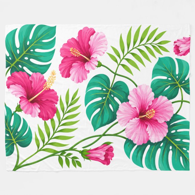 Tropisk rosa hibiskus och Monstera blad Fleecefilt (Framsidan (Horisontell))