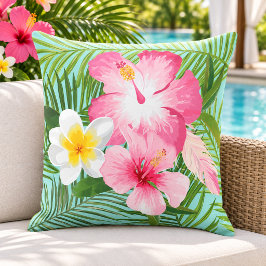 Tropisk Rosa Hibiskus Plumeria Palm Kudde