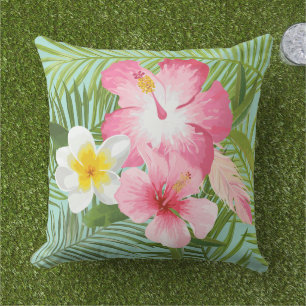 Tropisk Rosa Hibiskus Plumeria Palm Kudde